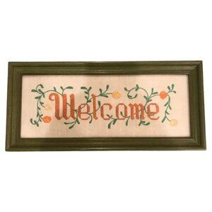 ❄️ Green Framed Embroidered Welcome Sign with Orange and Green Accents